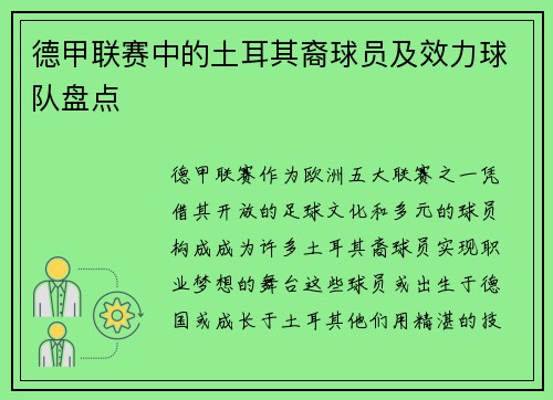 德甲联赛中的土耳其裔球员及效力球队盘点