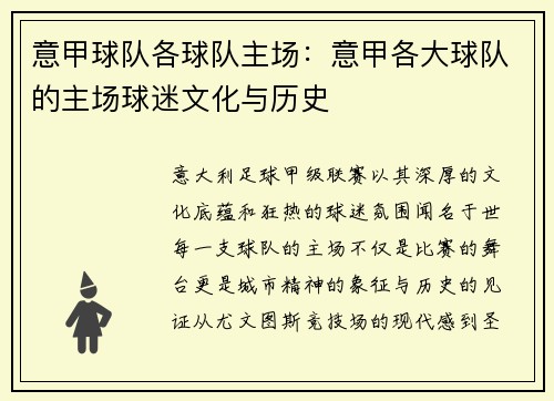 意甲球队各球队主场：意甲各大球队的主场球迷文化与历史